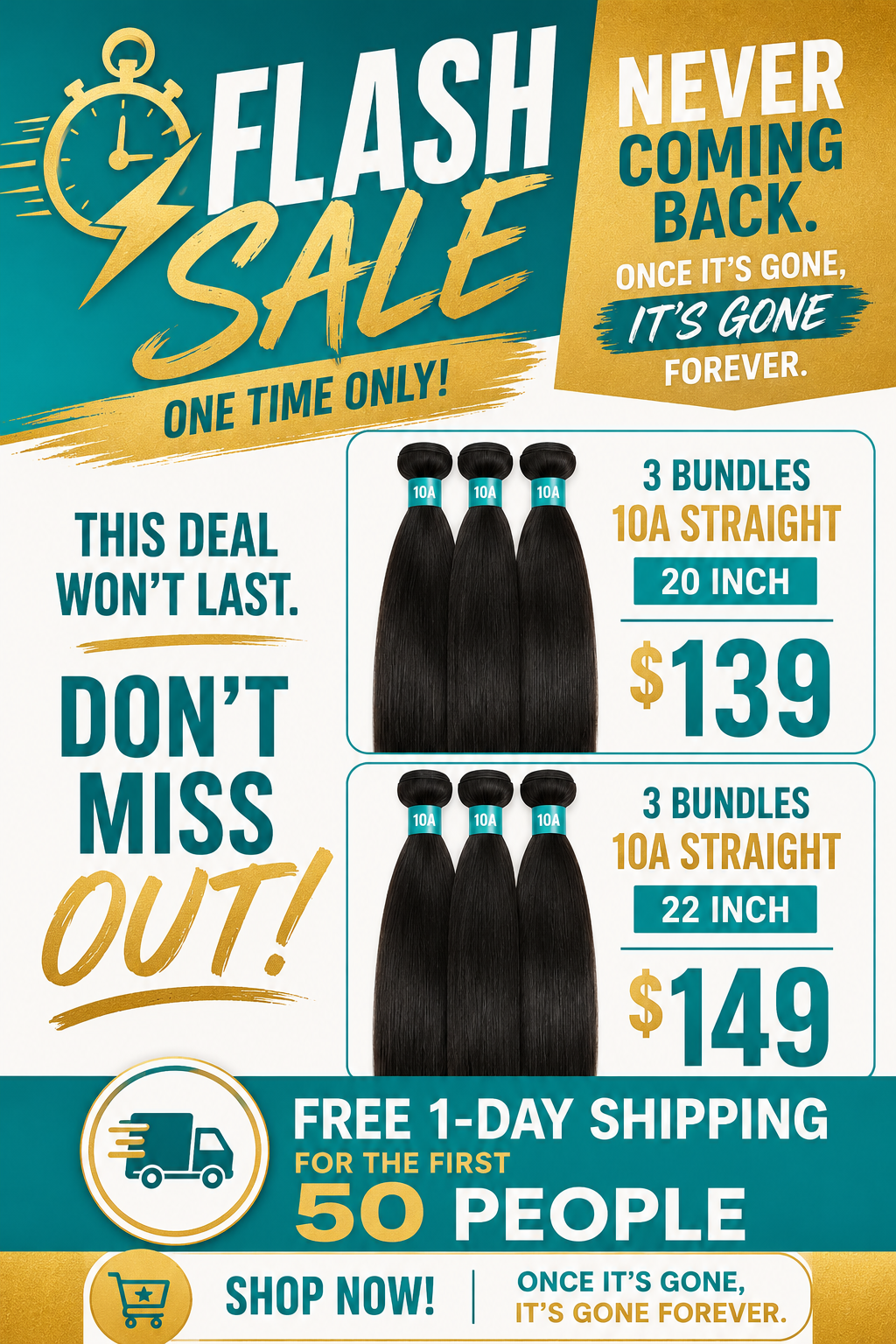 (3) Bundles 20in & 22in STRAIGHT