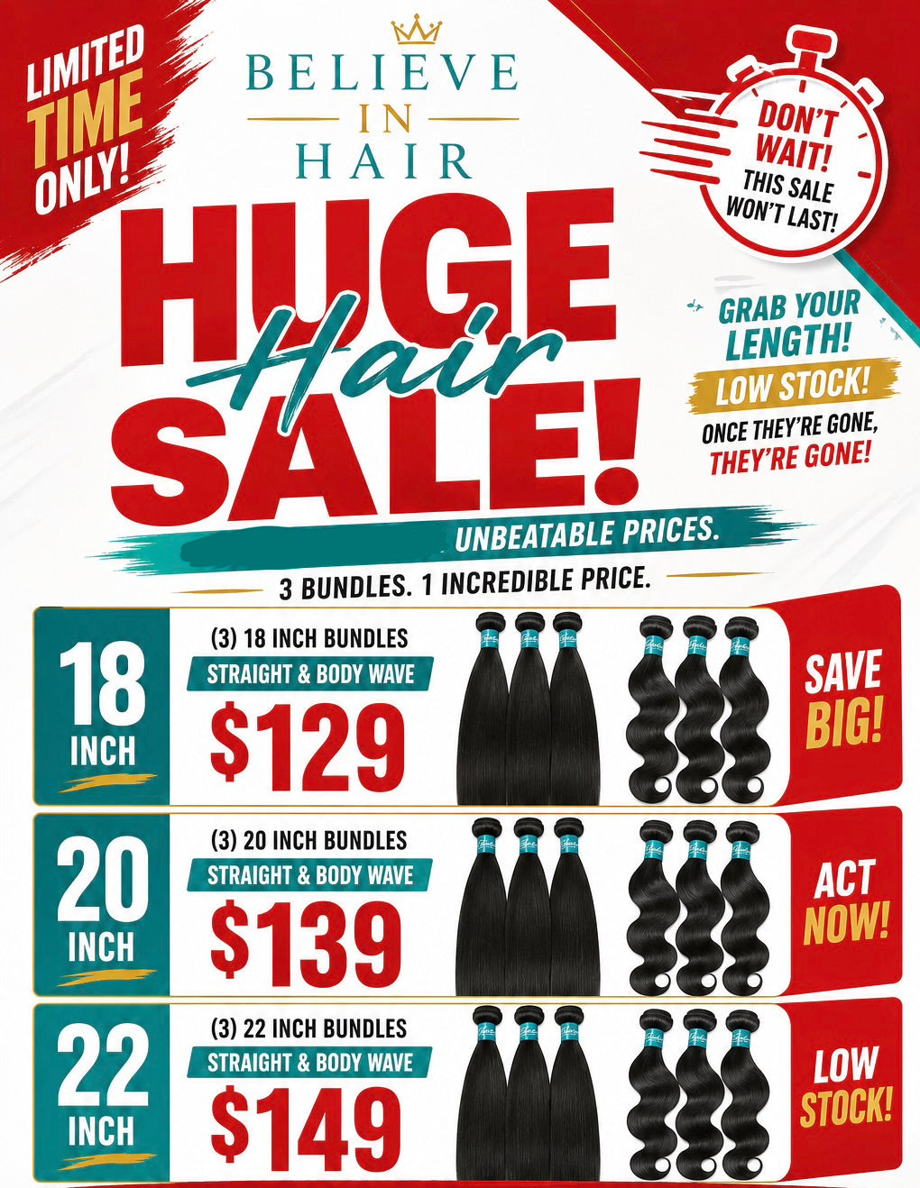 (3) Bundles 18in-22in STRAIGHT & BODYWAVE