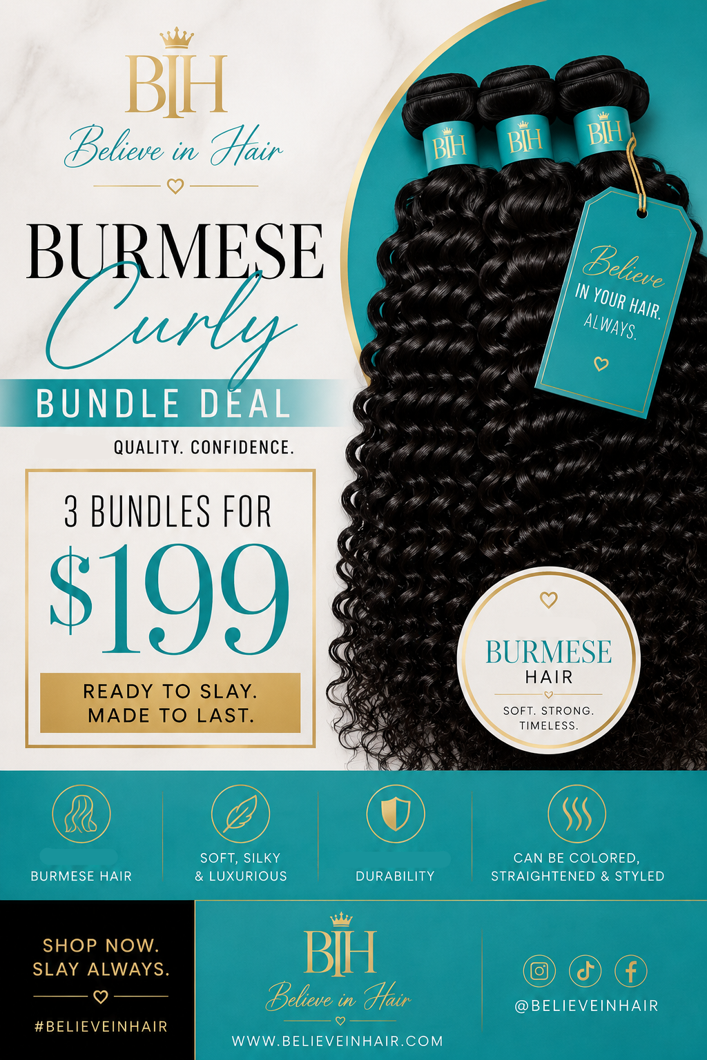 $199 (3) Bundles 22in Burmese Curly