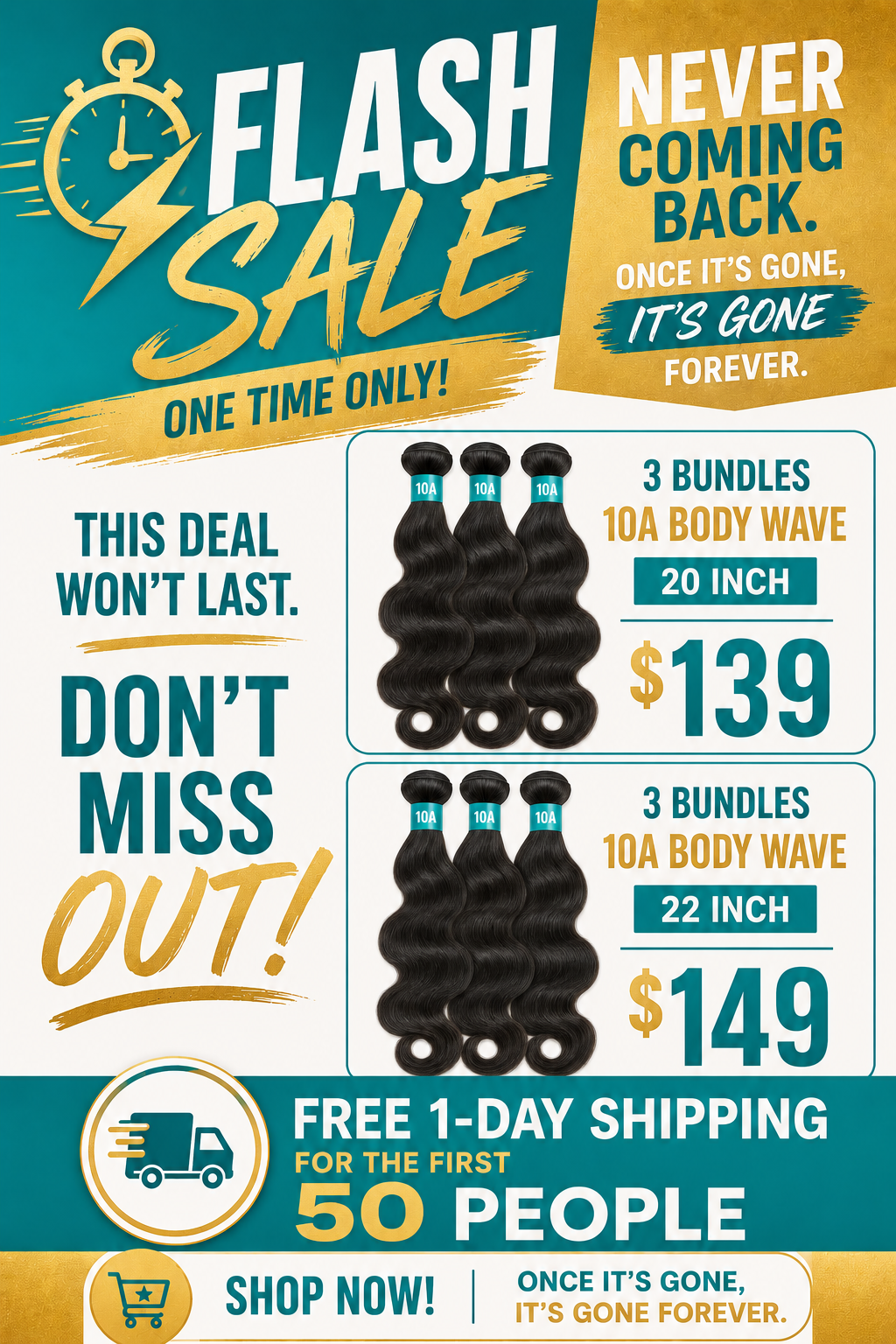 (3) Bundles 20in & 22in STRAIGHT & BODYWAVE