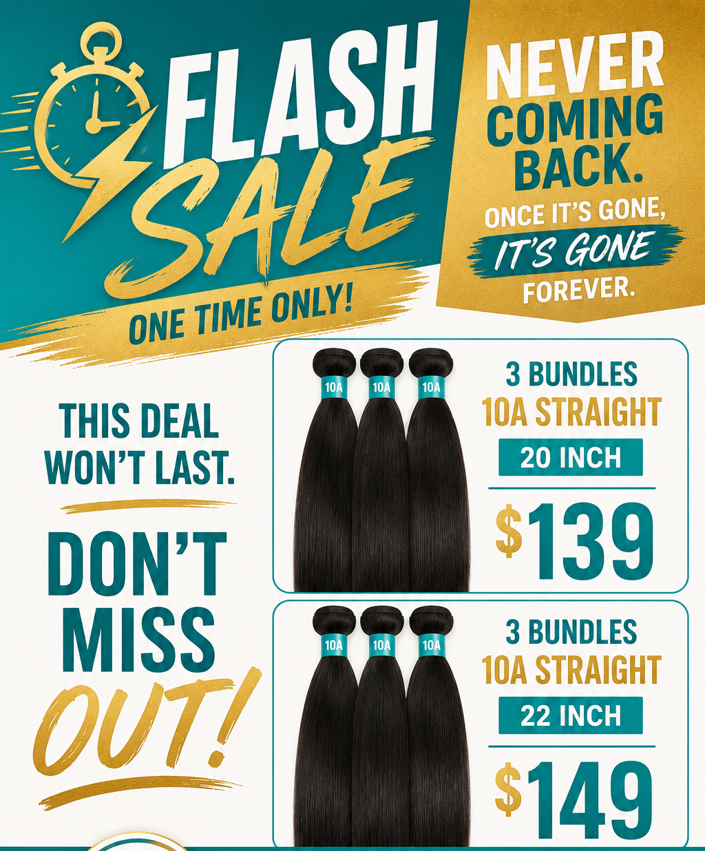 (3) Bundles 20in & 22in STRAIGHT