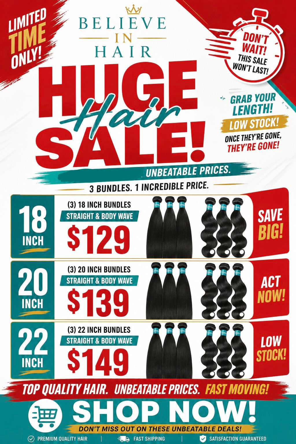 (3) Bundles 18in-24in STRAIGHT & BODYWAVE